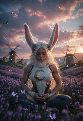 Moonlit Rabbit Meditating in Lavender Fields
