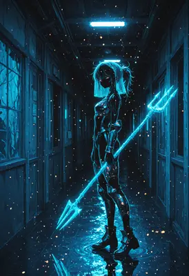Neon Warrior in the Dark Hallway