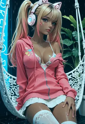Neon Rain Girl in Pink Hoodie