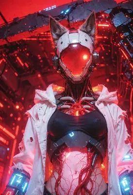 Cybernetic Fox Girl in Red Chamber