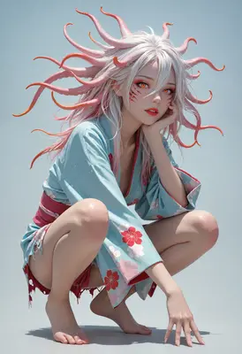 Crouching Girl with Tentacle Hair