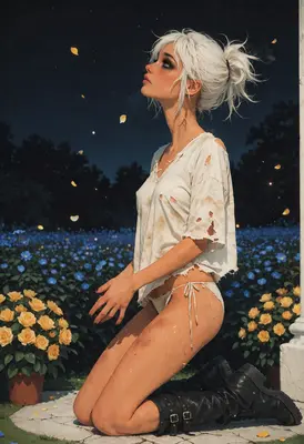 White Haired Girl in Floral Garden