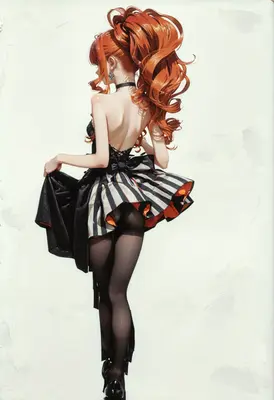 Elegant Redhead in Striped Skirt