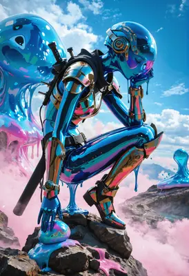 Metallic Android Resting on Rocky Peak