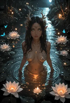 Mystical Forest Elf in Moonlit Pond