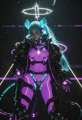 Neon Cybernetic Guardian in Digital Void