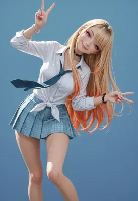 Cheerful Blonde Schoolgirl Making Peace Signs