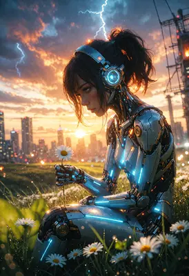 Cyborg Girl Holding a Daisy