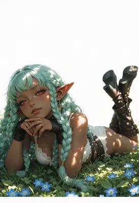 Elf Girl Resting in Wildflowers