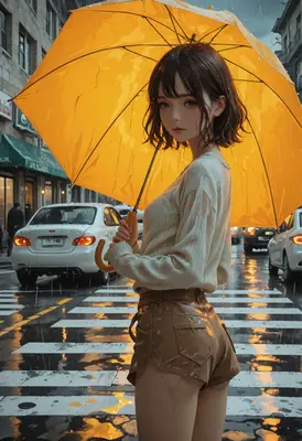 Girl With Yellow Umbrella In Rain