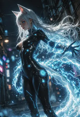 Cybernetic Fox Girl Channeling Electric Energy