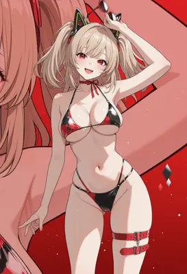 Playful Cat Girl in Red Bikini