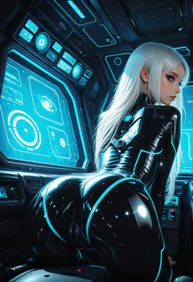 Cybernetic Pilot in Neon Cockpit