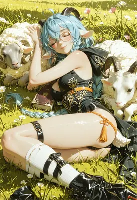 Anime Girl Resting With Sheep