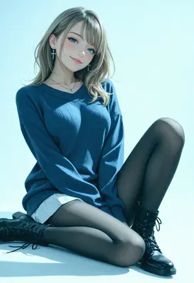 Charming Girl in Blue Knit Sweater