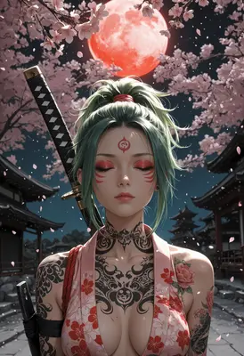Meditating Samurai Under Red Moon