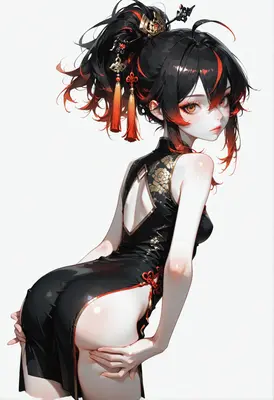 Elegant Anime Girl in Black Qipao