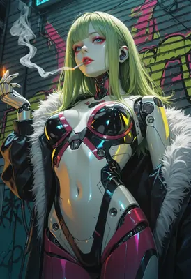 Neon Cybernetic Android Smokes in Alley