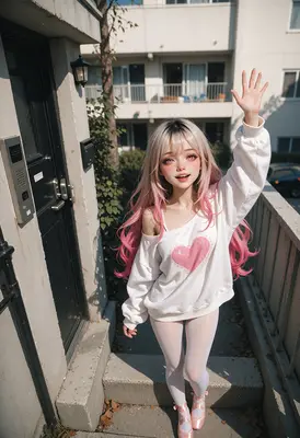 Cheerful Girl Waving Hello Outdoors