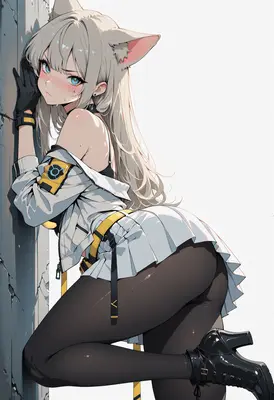 Cat Girl Leaning Against Concrete Wall