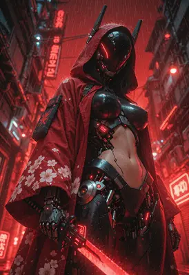 Cybernetic Ronin in Red Neon Rain