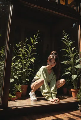 Girl Crouching Among Potted Greenery