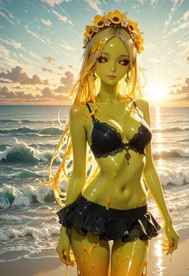 Golden Slime Girl at Sunset Beach