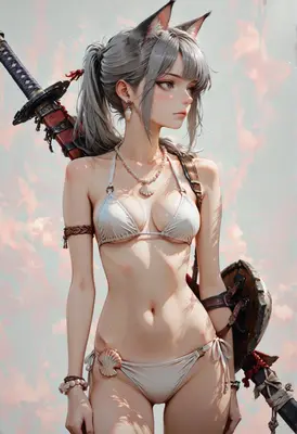 Warrior Cat Girl in Seashell Bikini