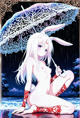 Moonlight Rabbit Under a Lace Umbrella