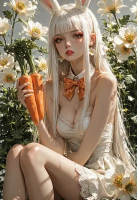 White Bunny Girl Among Spring Flowers