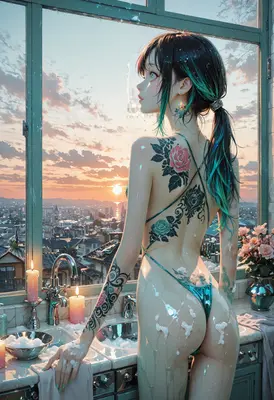 Sunset Bathing with Floral Tattoos