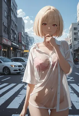 Blonde Girl in Wet Transparent Shirt