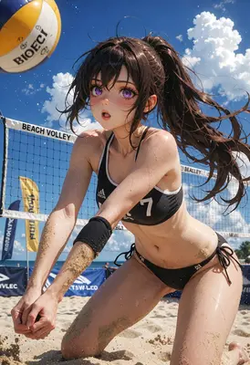 Intense Beach Volleyball Match Point