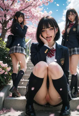 Schoolgirls Under Blooming Cherry Blossom Trees