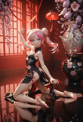 Playful Anime Girl in Traditional Cheongsam