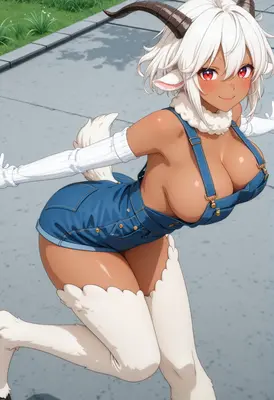 Playful Goat Girl in Denim Overalls