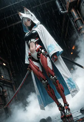 Cybernetic Fox Warrior in the Rain