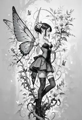 Monochrome Fairy Among Thorny Vines