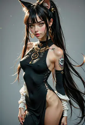 Gothic Cat Girl with Skull Tattoo