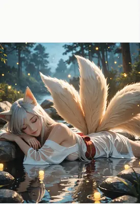 Serene Kitsune Resting by the Stream