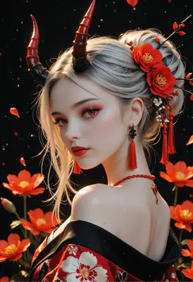 Ethereal Demon Maiden in Red Florals