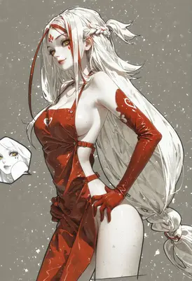 Elegant White Haired Beauty in Red