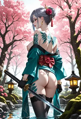 Tattooed Samurai in Cherry Blossom Garden