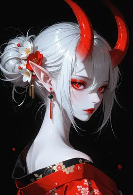 Ethereal Demon Maiden in Red Kimono