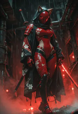 Cybernetic Kitsune Ronin in the Rain