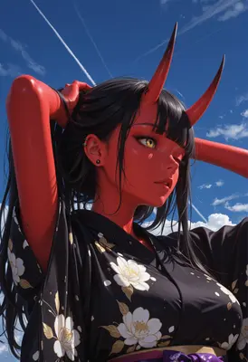 Red Oni Girl in Floral Kimono