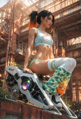 Cyberpunk Girl on Hovercraft in Ruins
