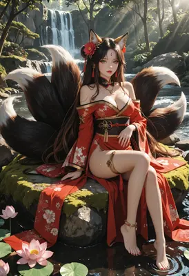 Kitsune Resting by the Sacred Waterfall