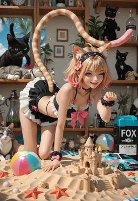 Playful Cat Girl Building Sandcastles