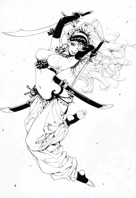 Dynamic Swordswoman in Mid-Air Strike